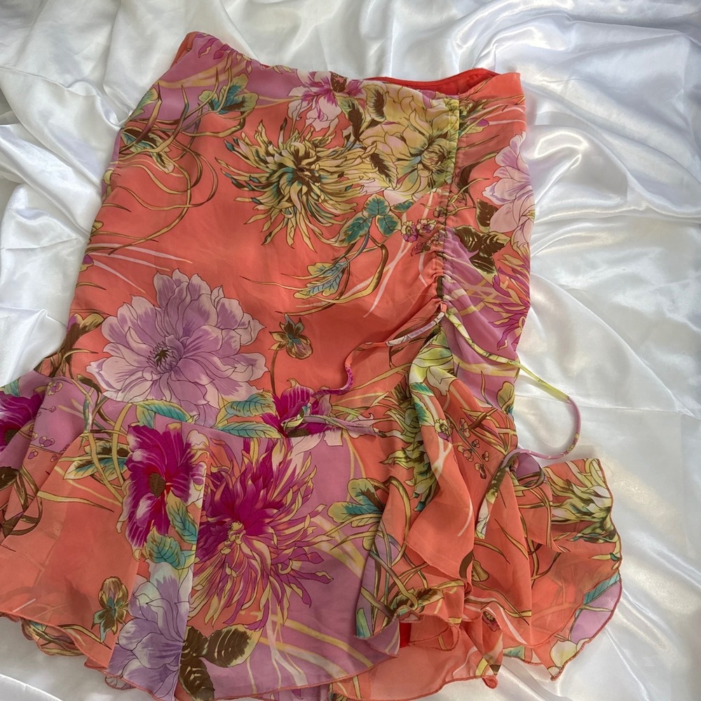 Latina Floral Ruched Ruffle Mini Skirt Coral Pink tropical Size 12 - Picture 2 of 6